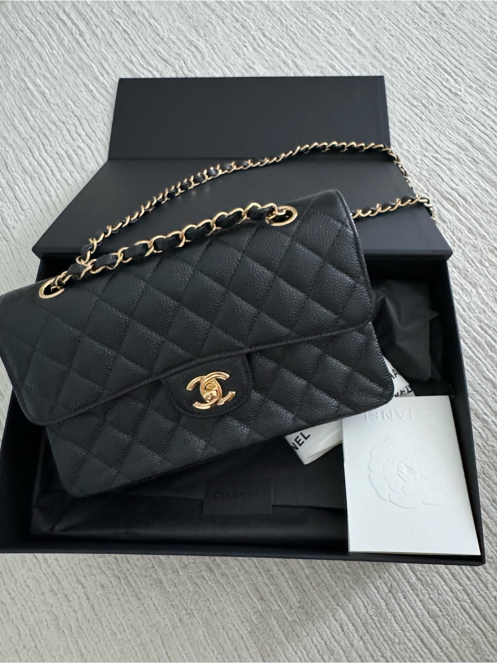 Chanel Black Quilted Caviar Medium Classic Double Flap Gold Hardware